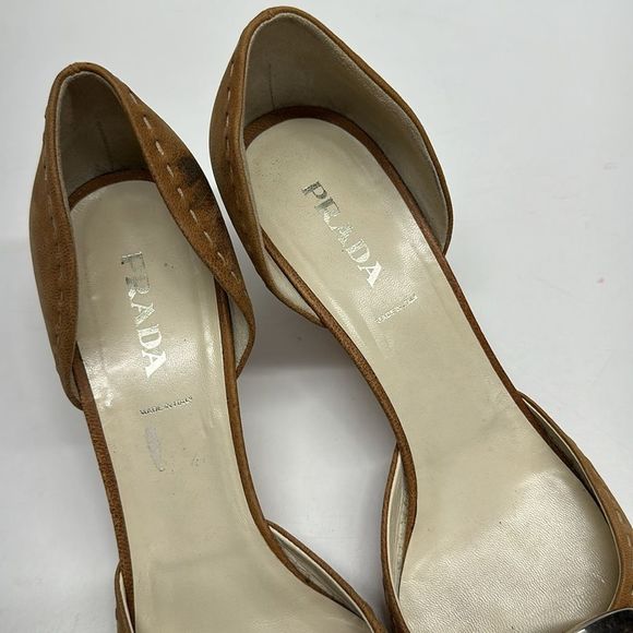 Prada Heels Low Kitten Heel Pointed Toe Buckle Suede in Light Brown Size 42 12 - Picture 9 of 16